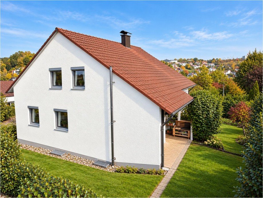 Seitenansicht mit Garten Mehrfamilienhaus Elchingen
