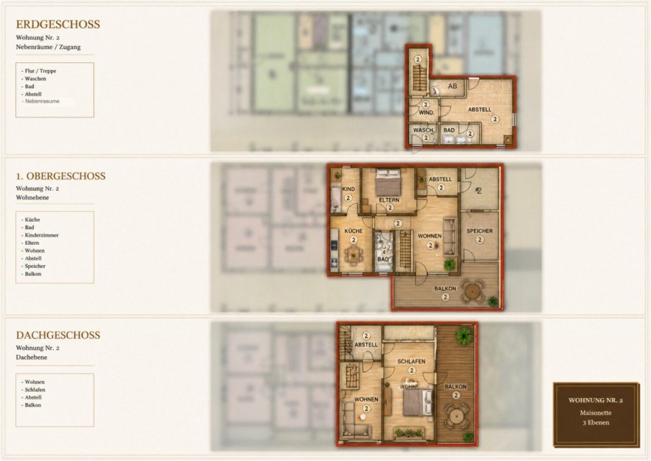 �bersicht: Wohnung Nr. 2 �ber drei Ebenen Maisonettewohnung K�tz / Kleink�tz