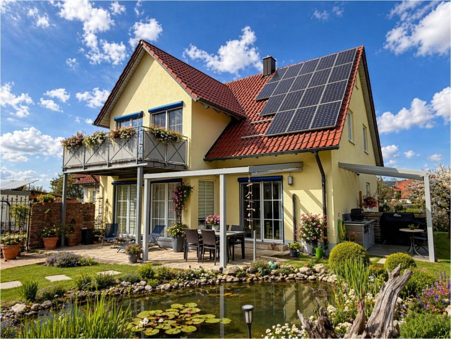 Hausansicht mit Gartenteich Einfamilienhaus Kutzenhausen / Maingr�ndel